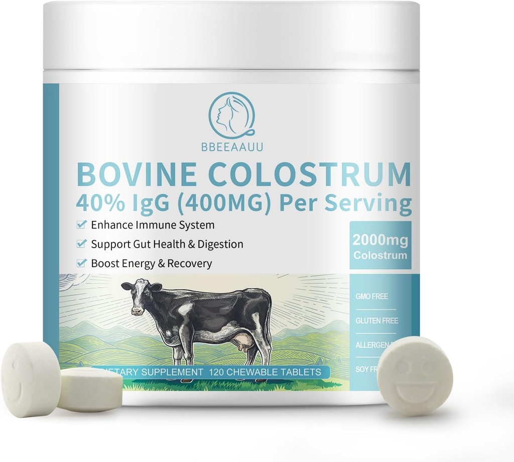 Bovine Colostrum 120 Chewable Tablets, 2000mg Colostrum Supplement 40% IgG, für Immununterstützung, Gut Health, Haarwachstum, Energie, 100% Gras Fed & First-Milking, Glutenfrei, Sojafrei