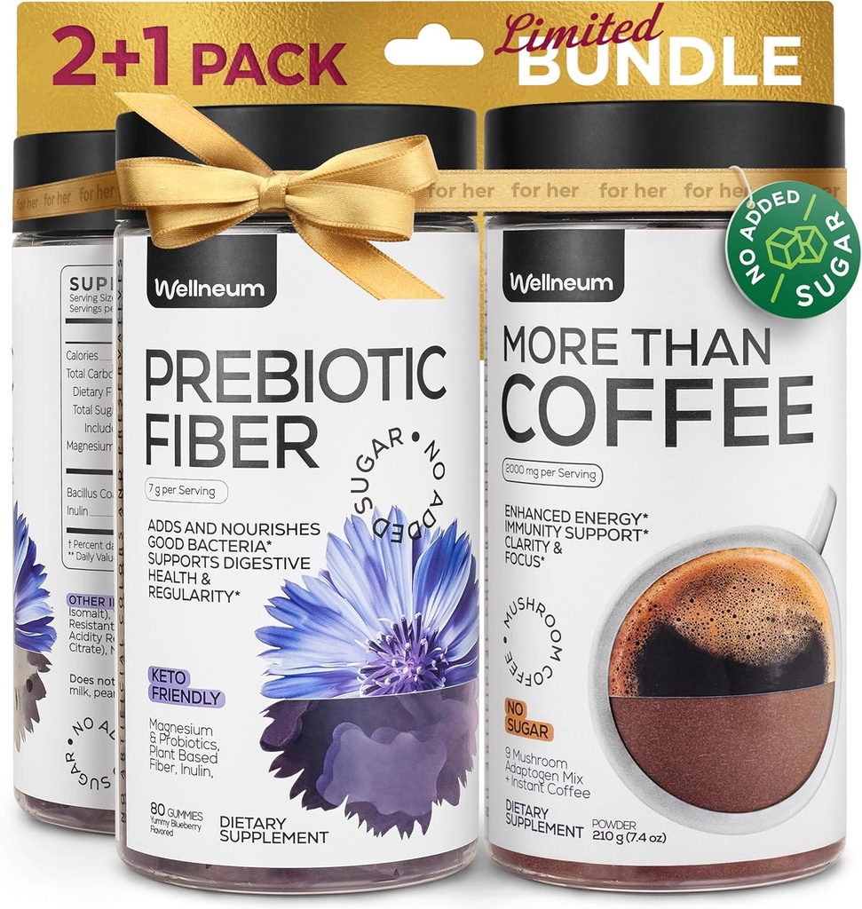 Pilz Kaffee und hohe Prebiotische Faser Gummie Bundle - 9 Pilz Adaptogen Mix, Dietary Fiber 7G, Probiotic - Instant Mushroom Kaffee und Fiber Chews für Immunität, Gut Health - für Männer und Frauen