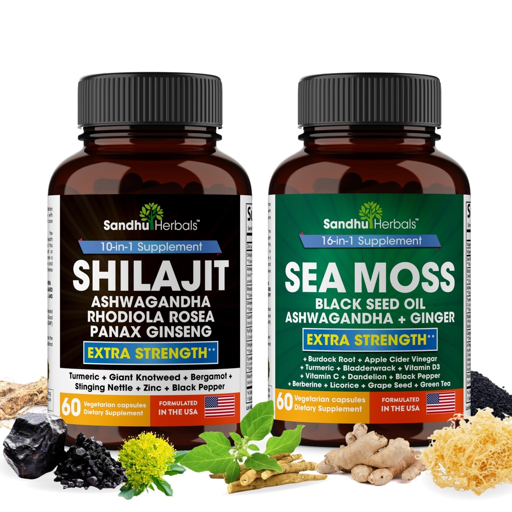 Shilajit Sea Moss Ashwagandha Combo Bundle - Schwarz Seed Oil, Turmeric, Rhodiola Rosea, Panax, Ginseng Supplement | 120 Kapseln, Bessere als Gummis, Harz | Seamoss für Männer & Frauen