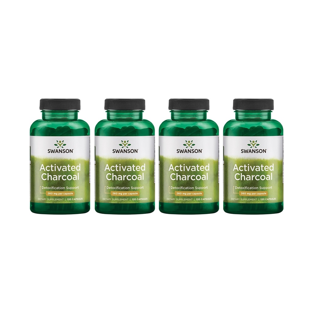 Swanson Activated Charcoal - Natural Supplement Supporting Healthy Absorption - Hilft w/Bloating & Maintaining Bowel Regularity - (120 Kapseln, 520mg pro Servierung) 4 Pack