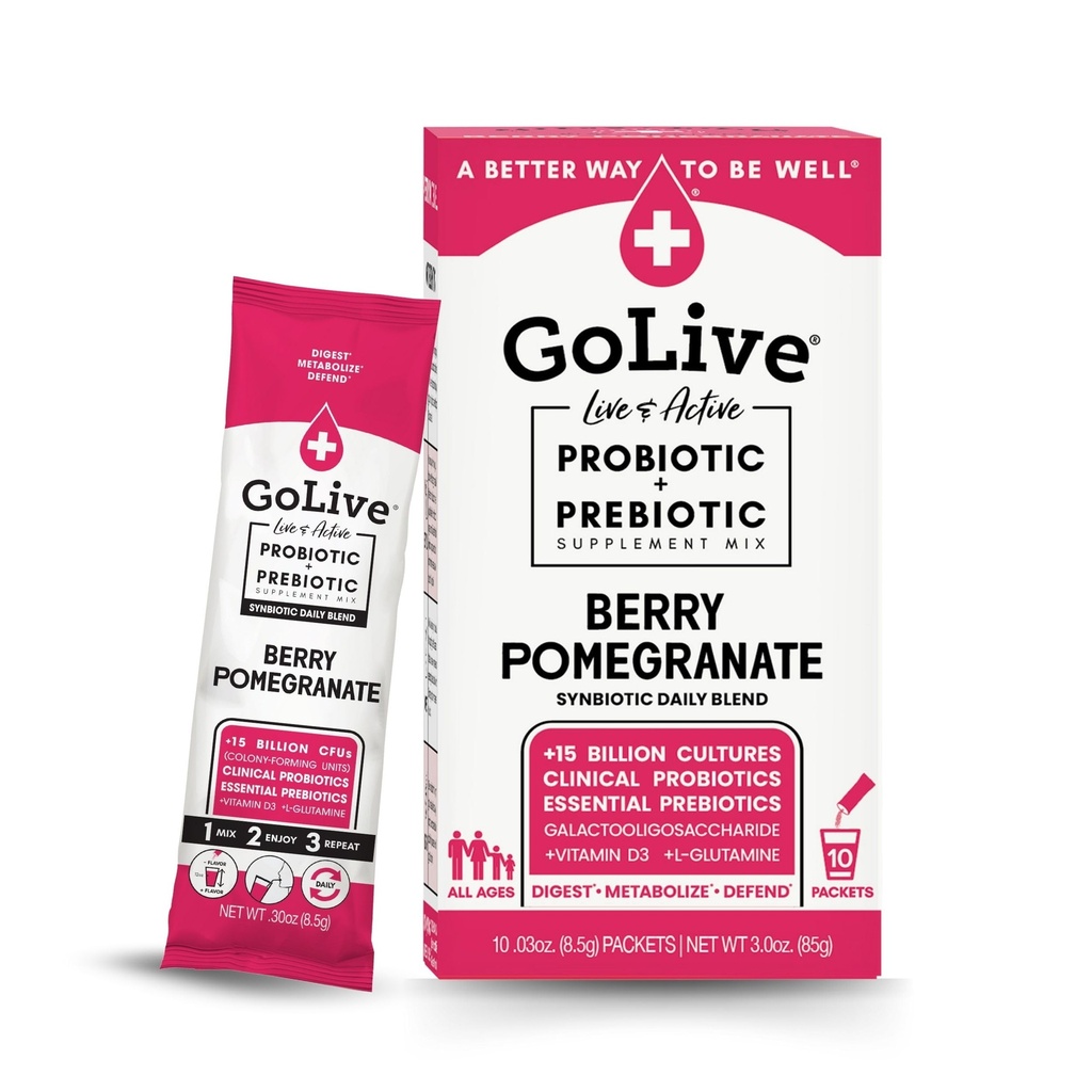 GoLive Prebiotic und Probiotic für Frauen, Männer, Kinder. Berry Pomegranate Synbiotic Powder w/ L-Glutamin, Vitamin D3, Elektrolyte. Für Gut Health, Verdauung, Stoffwechsel, Immunität 15-50B CFUs.