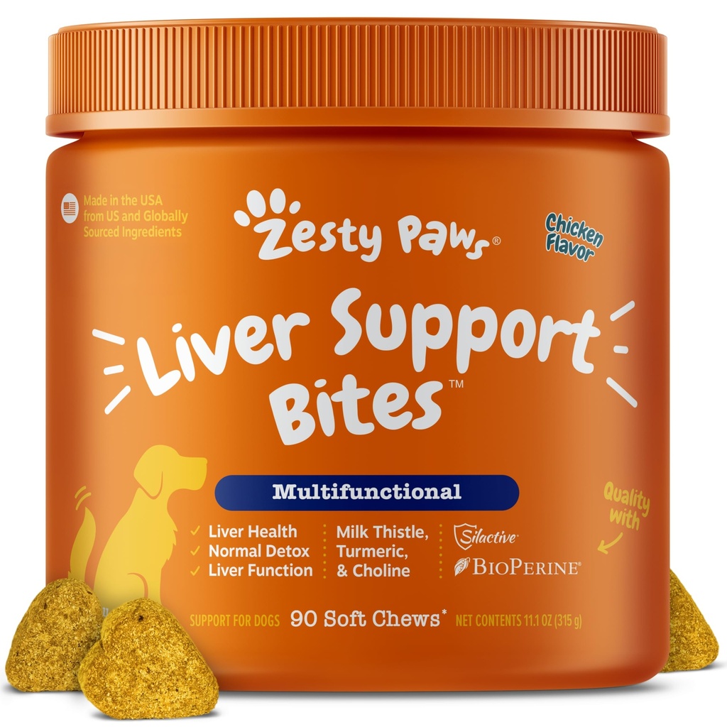 Zesty Paws Liver Support-Ergänzung für Hunde - mit Milchdistel-Extrakt, Kurkuma, Choline - Soft Chew Formula - für Hundelebende Funktion