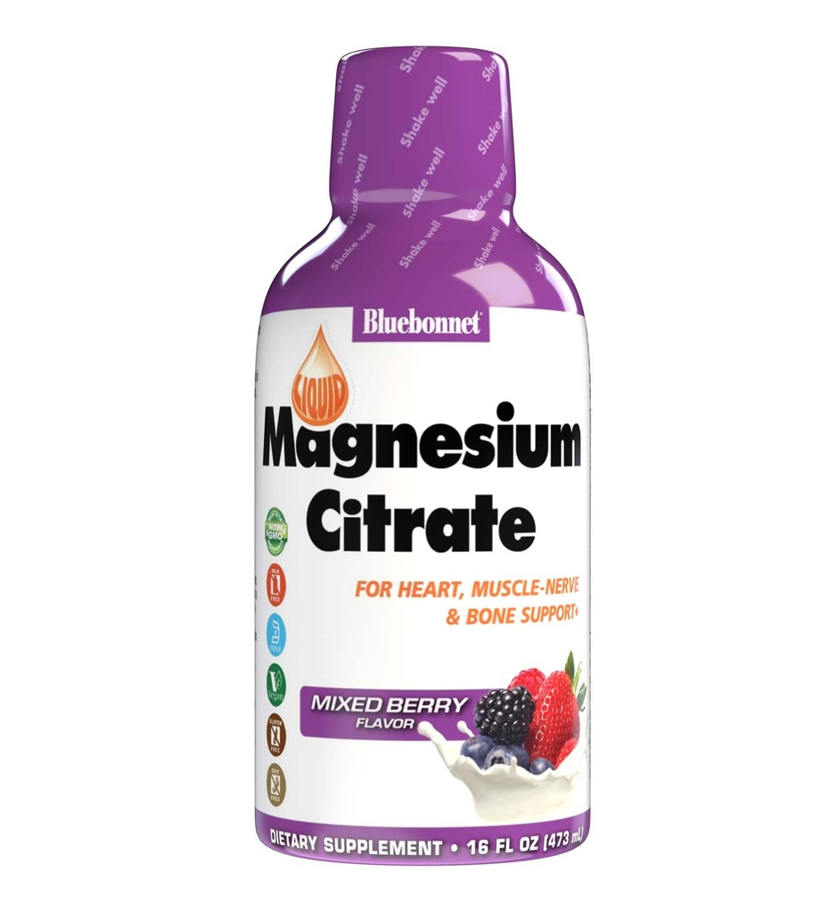 Bluebonnet Nutrition Magnesium Citrate 420 mg - Calm Mind & Body* – Unterstützt Herz, Muskel & Schlaf* - Non-GMO, Vegan, Kosher, Glutenfrei, Sojafrei, Milchfrei - 16 FL OZ, Mischbeeren Geschmack