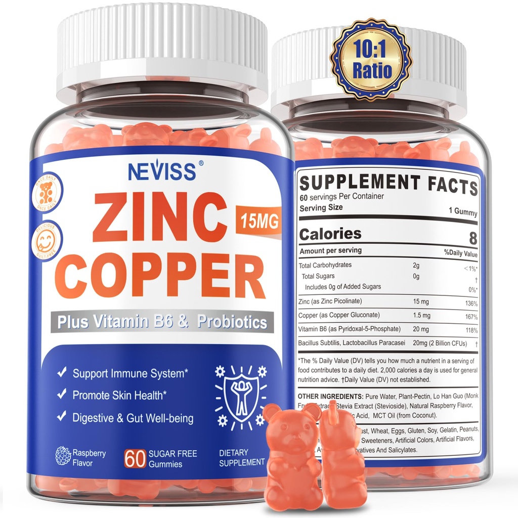 Zinc Picolinate Gummies with Copper + Probiotics, Vitamin B6 for Max Absorption, Zinc Supplements for Men and Women, Two Essential Minerals Balance Formula for Immunity and Gut Health, Vegan, 120 Cts