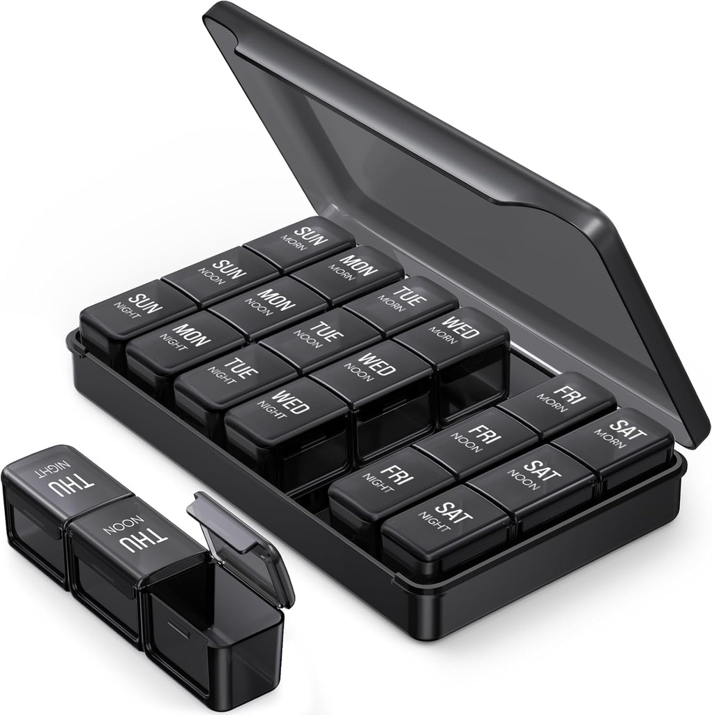 PULIV Pill Organizer 3 Mal pro Tag in Schwarz Farbe für Datenschutz, Tragbare Wöchentliche Pille Box 7 Tag für Reisen, große Licht-Proof Pille Fall für Vitamine, Medikamente, Ergänzungen und Fischöle