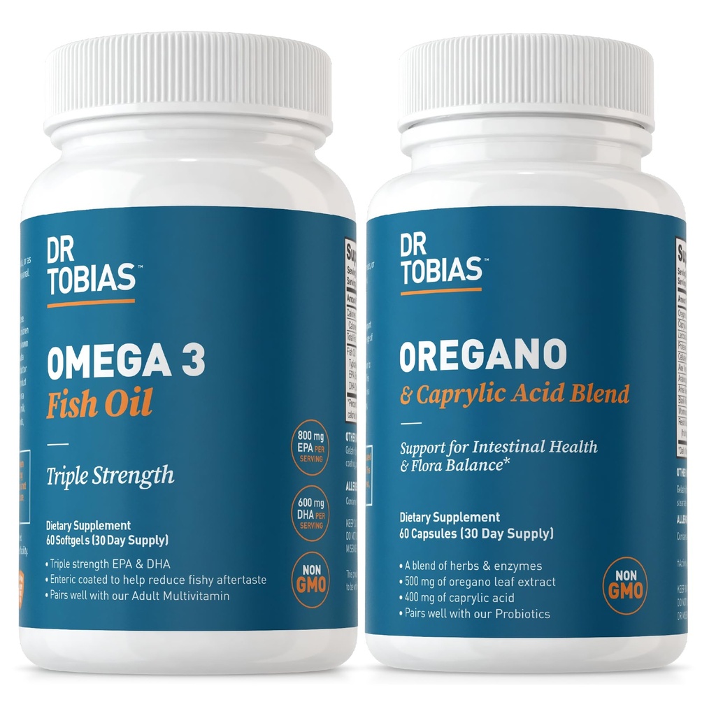 Dr. Tobias Omega 3 Fischöl und Oregano & Caprylic Säure Ergänzungen, unterstützt Herz, Gehirn, Immune mit Gut Flora Balance Complex & Darm Gesundheit für Frauen & Männer