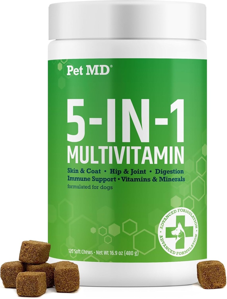 Pet MD 5in1 Hund Multivitamin - 30 essentielle Vitamine, Mineralstoffe & Nährstoffe für Haut & Coat, Hip & Joint, Verdauung, Immun & Senior Dog Vitamine - Glucosamin, Omega 3 6 9, & Probiotika - 120 ct