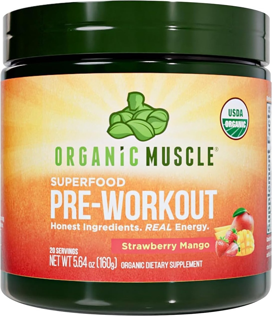 Bio Muscle Organic Pre Workout Powder, Strawberry Mango — USDA Organic Superfood Blend | Maca, Beet Root, Cordyceps, Rhodiola | 150mg Natürliche Koffein, Vegan, No Jitters, 20 Servierungen