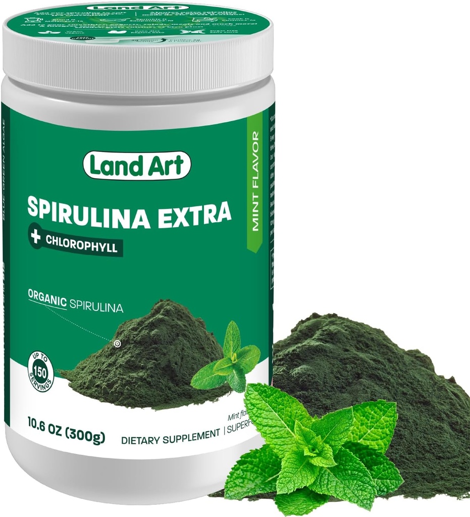 Land Art Bio Spirulina Extra Powder - Mint Flavoured - 100% Pure - 75 Servierungen - Superfood - Guter Geschmack und guter Smell - 10% Bioactive Chlorophyll - Leistungsstarke Quelle von Antioxidantien
