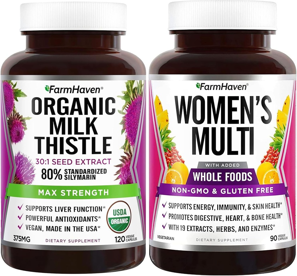 FarmHaven Milk Thistle Kapseln und Multivitamin für Frauen | 22 essentielle Nährstoffe, Früchte & Veggies Frauen Multivitamin | Erhöht Energie, Immune, Herzgesundheit Bundle