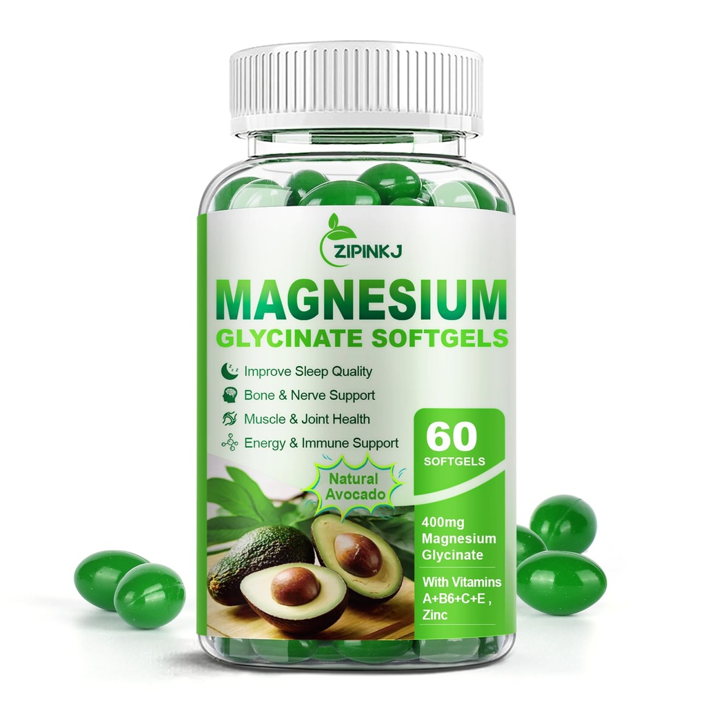 Magnesium Glycinate 400mg, hohe Absorption Magnesium-Ergänzungen Weichgele mit Vitamin E, B6, Zink für Schlaf, Beruhigung, Muskelrelaxation & Knochengesundheit, Glutenfrei, Non-GMO, 60 Softgele