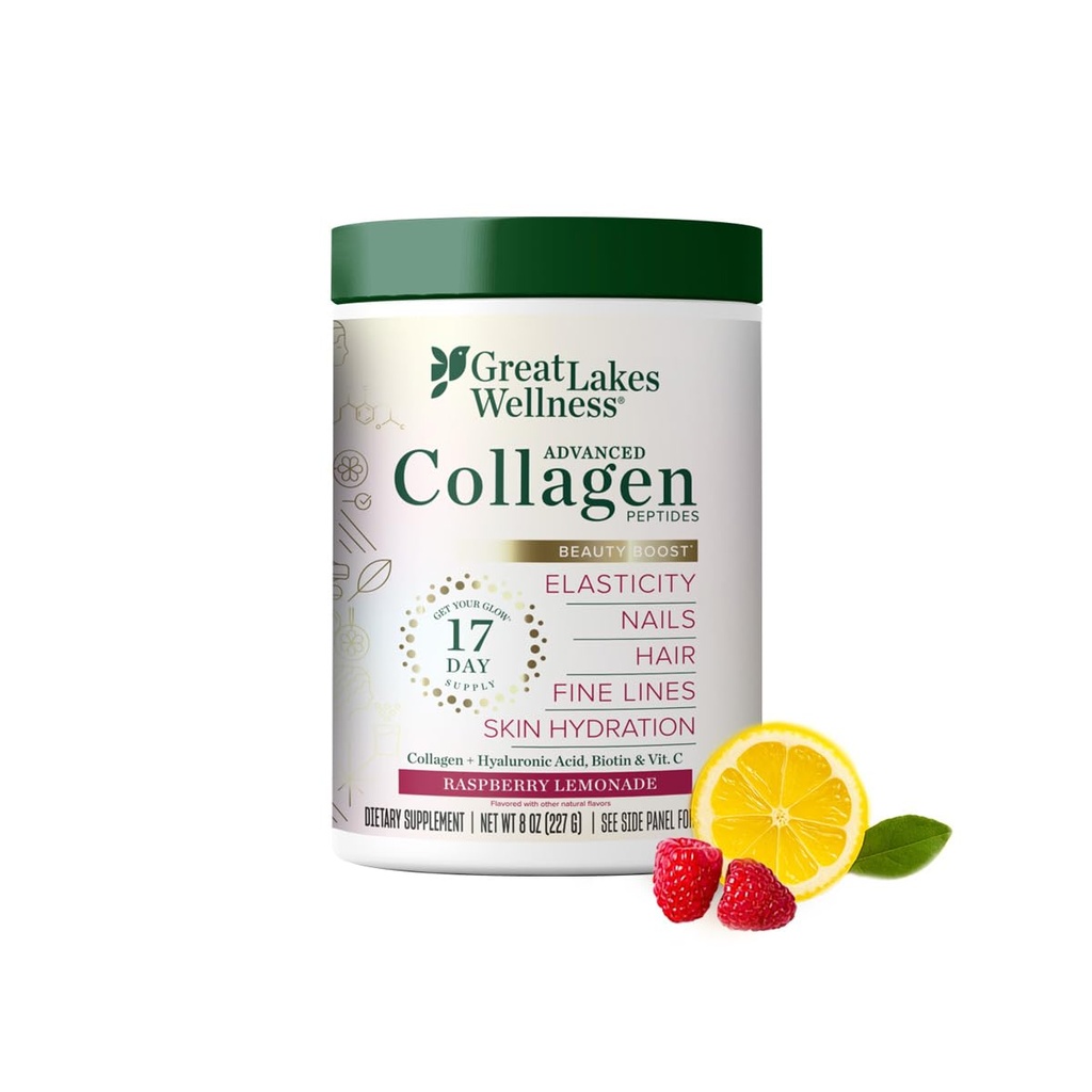 Great Lakes Wellness Beauty Boost Advanced Collagen Peptides Powder mit Hyaluronsäure, Biotin, Vitamin C - Hautelastizität und Hydration - Raspberry Lemonade Flavor - Non-GMO, Keto, Kosher - 8 oz