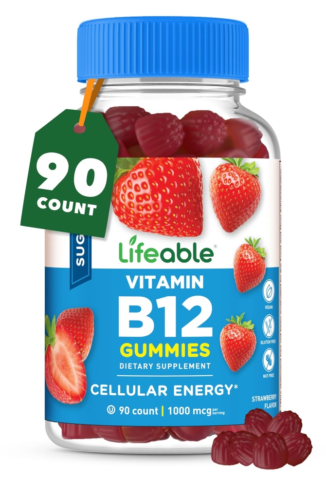 Lebensfähiger Zucker Kostenloses Vitamin B12 Gummie | 1000 mcg | Große Verkostung B12 Vitamine Gummie | Energie, Stimmung und Stoffwechsel Unterstützung | B 12 Vitamin Gummie für Männer, Frauen, Erwachsene | 90 Gummie