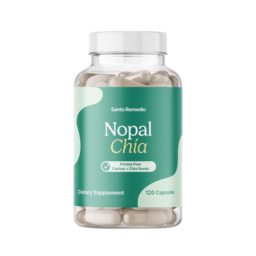 Santo Remedio Nopal Chia, Prickly Pear Cactus und Chia Pulver Nahrungsergänzung, Klinisch bewährte Zutaten, Glutenfrei, Non-GMO, Ohne Zusatz von Zucker, 120 Kapseln, 60 Portionen pro Behälter