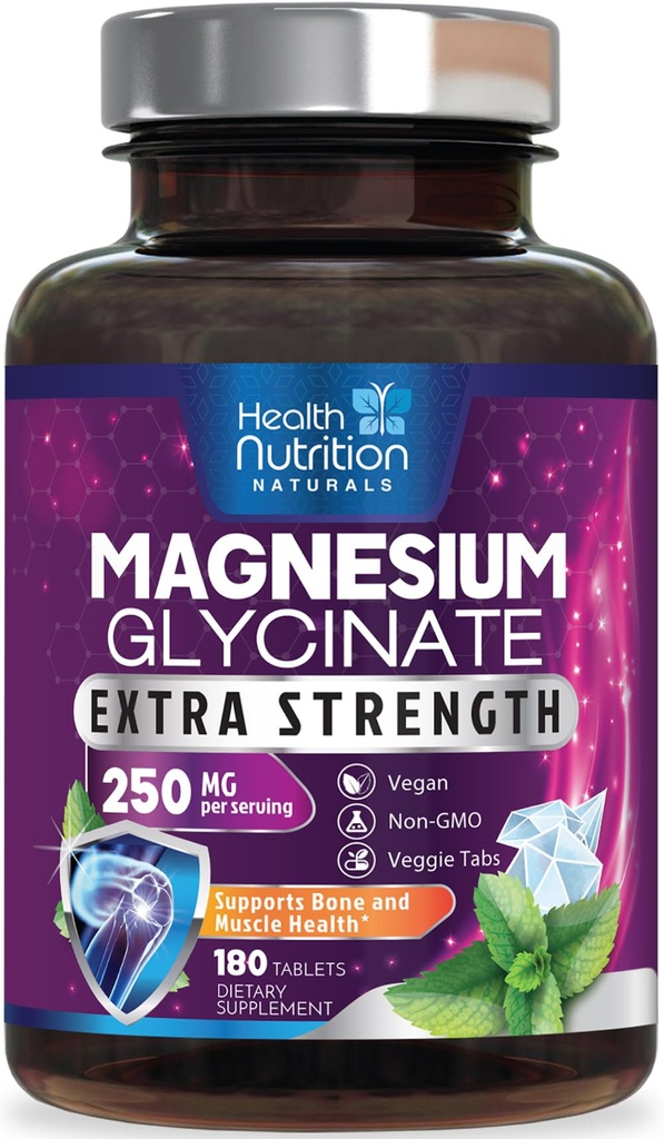 Magnesium Glycinate 250mg - 100% Chelat Magnesium für maximale Absorption - Schlafunterstützung, Muskeln, Nerven, Knochen und Herz-Gesundheit Unterstützung, beste Mag-Ergänzung, Vegan Non-GMO, 3. Partei getestet - 180 Tabletten