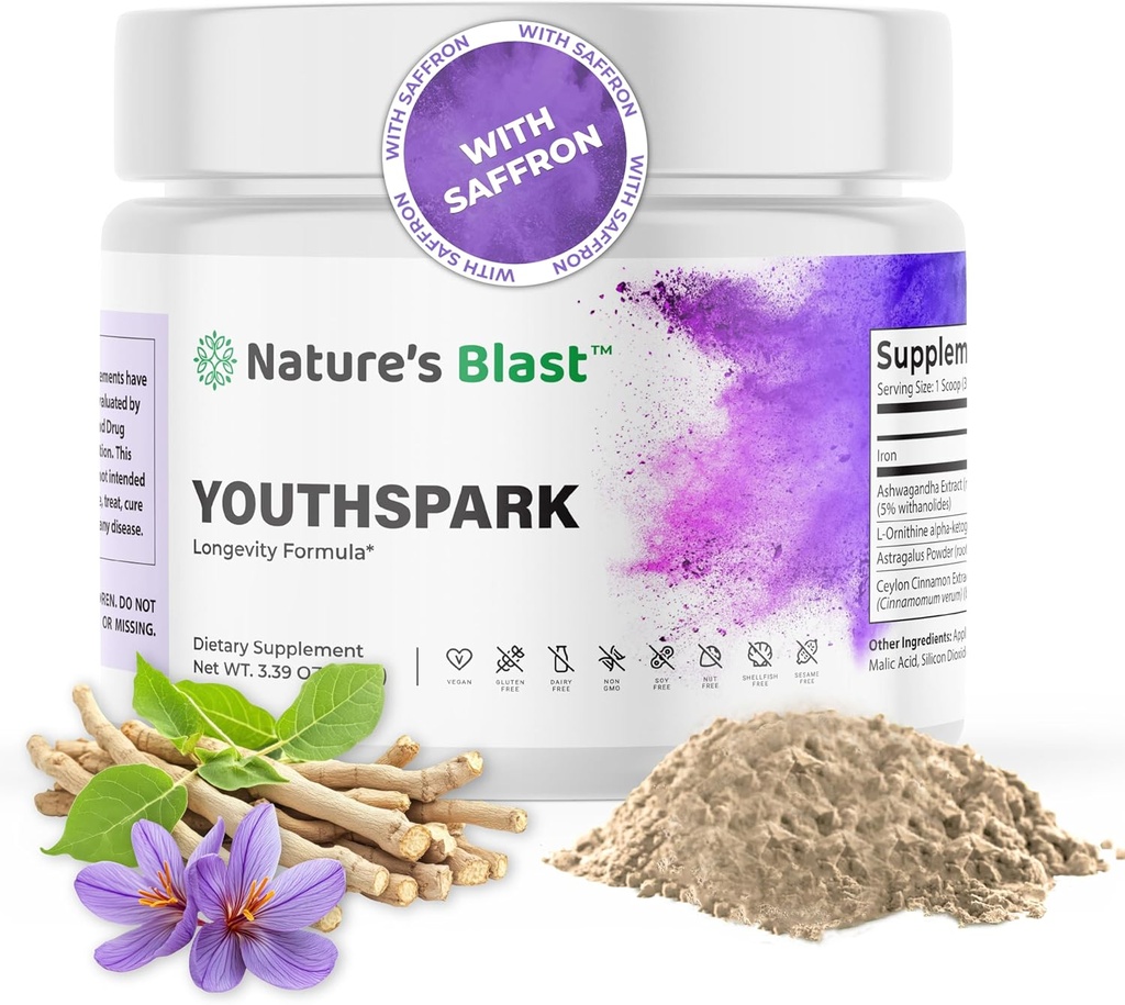YouthSpark Longevity Supplement with Ashwagandha Root Extract (600mg), Astragalus & Cinnamon - Fruit Flavor Powder, 30 Servings, Vegan, Non-GMO