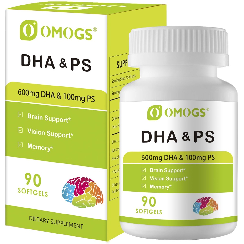 OMOGS Algae DHA - 600 mg Omega-3 DHA Softgels, mit Phosphatidylserine & Walnussöl, unterstützt gesunde Gehirnfunktion, Vision, Eye & Memory, Glutenfrei, Non-GMO Vegan Algae Öl, 90 Softgels