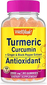 Wellja Turmeric Curcumin Gummis mit schwarzem Pfeffer - Antioxidans und Verdauungsunterstützung - Hautgesundheit und Immunfunktion - Vegan, Non-GMO - 60 Count