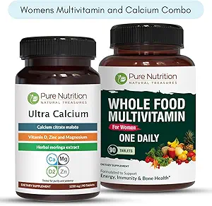 Pure Nutrition Ultra Calcium 1000mg und Ganze Lebensmittel Frauen Multivitamine 1500mg für gesunde Knochen, Metabolische Unterstützung, Gelenke und allgemeine Wellness. Ultra Calcium 90 Tabs + Frauen Multivitamine 90 Tabs.
