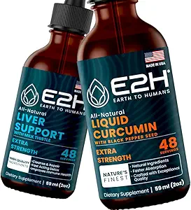 E2H: Leberunterstützungsergänzung und flüssige Kurkuma Curcumin | Vegan, Non-GMO - 2 Fl Oz Jeder (4 Fl Oz Gesamt) - Bundle