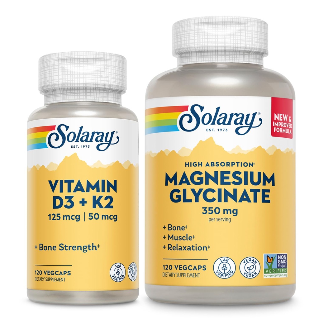 SOLARAY Vitamin D3 K2 und Magnesium Glycinat - Knochengesundheit Bundle - Kalziumabsorption, Nerve, Herz und Immununterstützung w/ 5000 IU Vitamin D, 350mg Chelat Magnesium, 60-Tage Garantie, 120ct/120ct