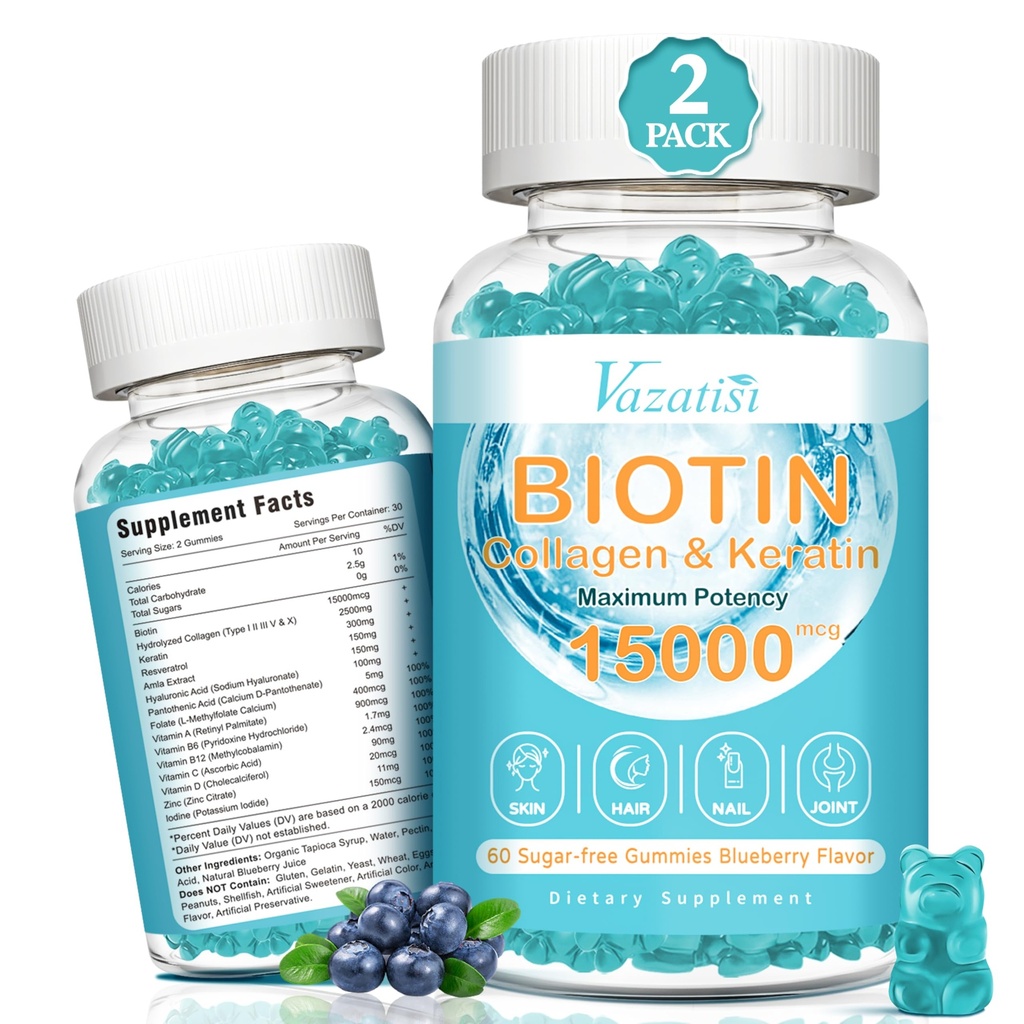 Biotin und Kollagen-Gummien mit B12, Haarhaut und Nägel Vitamine-Gummien für Haarwachstum, glänzende Haut & starke Nägel - Blueberry Flavor, Sugar Free, 120 Ct