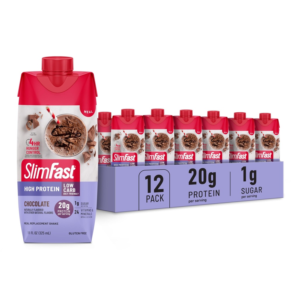 SlimFast Protein Shake, Chocolate- 20g Protein, Meal Replacement Shake Ready to Drink, High Protein mit Low Carb und Low Sugar, 24 Vitamine und Mineralien, 12 Count (Pack von 1) (Packaging May Vary)