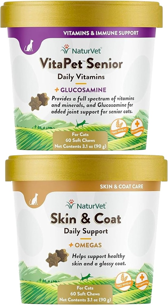 NaturVet – Skin & Coat Plus Omegas for Cats – 60 Soft Chews | Supports Healthy Skin & Glossy Coat | & VitaPet Senior Daily Vitamins for Cats, Formulated to Provide Essential Minerals, 90 g, 60 Count