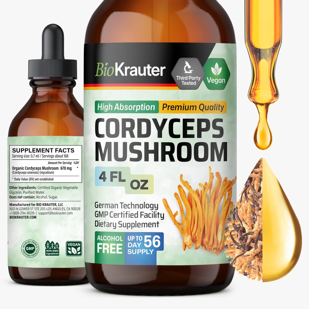 BIO KRAUTER Cordyceps Pilzextrakt - Cordyceps Sinensis Flüssiger Pilzextrakt - 670 mg pro Portion - Vegan, Alkohol & Zucker kostenlos - 4 Fl.Oz.