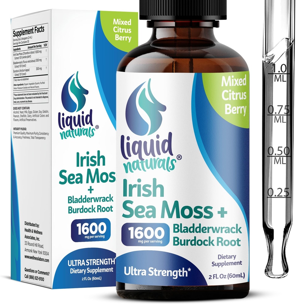 Irish Sea Moss Tropfen - Citrus Berry Flavor - 92+ Essential Minerals & Vitamine - Energie, Haut, Gut, Erholung - Bladderwrack und Burdock Root - 2 fl. Unze