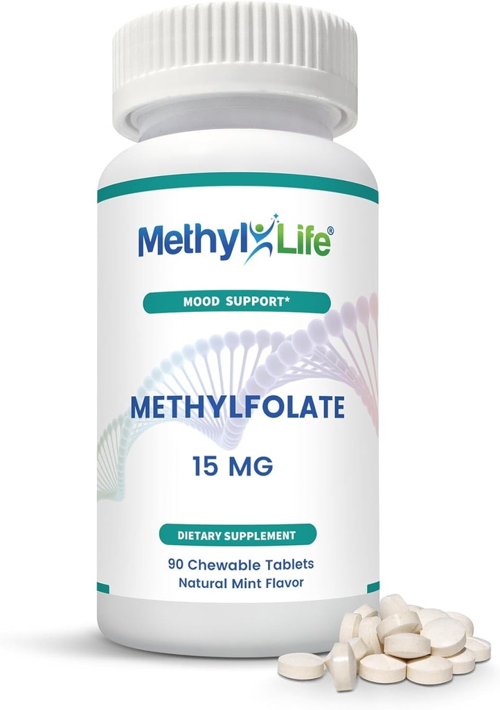 Methyl-Life® L-Methylfolat 15 mg für Damen und Herren – Wirkstoff Folat-Ergänzung mit hochreinem Cerebrofolate® (L-5-MTHF Calcium) – Hohe Bioverfügbarkeit B9 Unterstützung – Tasty Chewable Tablets | 90 Count
