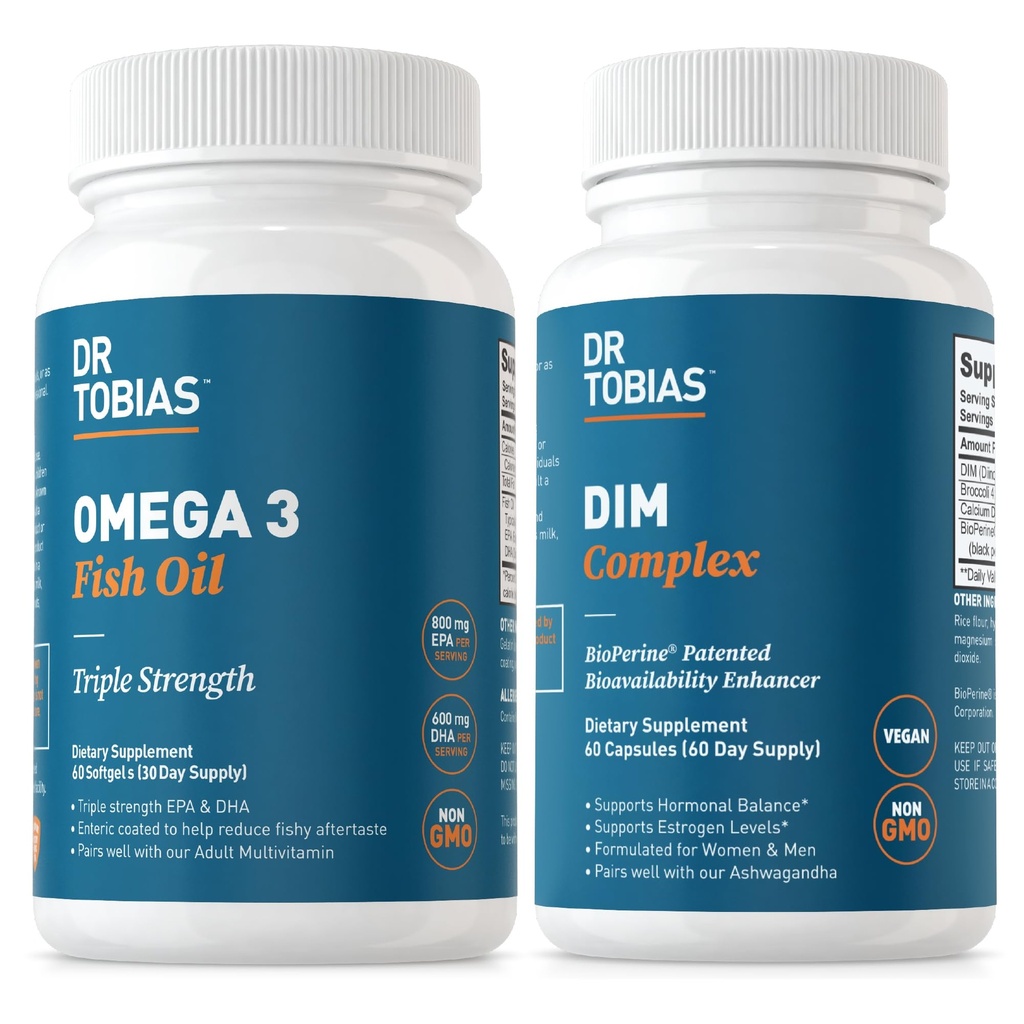 Dr. Tobias Omega 3 Fischöl und DIM Complex Supplements, unterstützt Herz, Gehirn Immunfunktion und Hormon Balance für Frauen und Männer mit BioPerine, Borccoli Extract & Calcium D-Glucarate, 60 Kapseln