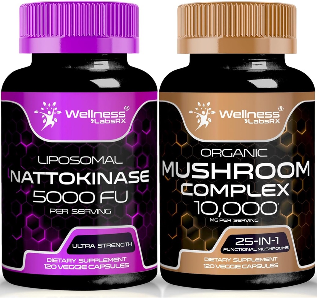 Nattokinase Supplement Capsules - 250mg - Enzymes from Pure Japanese Natto Extract | Organic Mushroom Supplement Capsules - 1000mg - 25 in 1 Mushroom Complex Capsules | Bundle