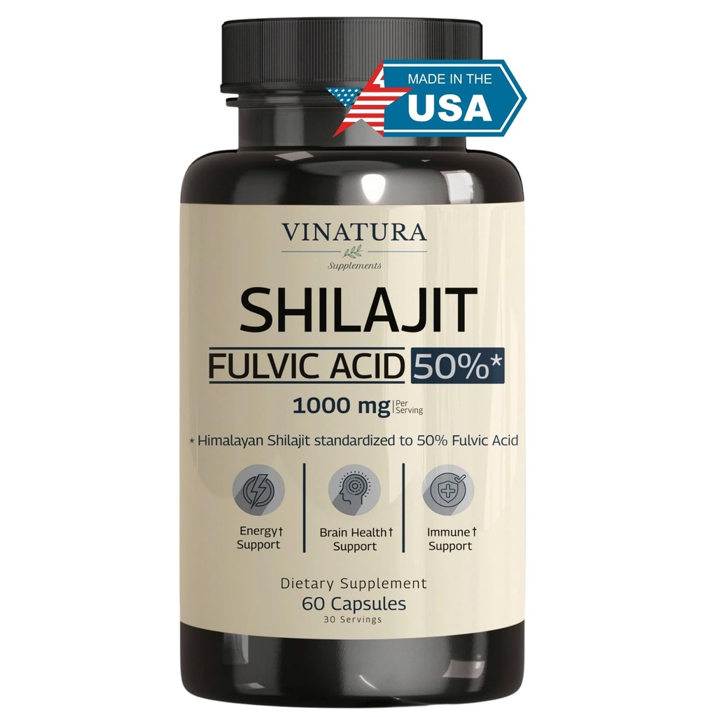 VINATURA Shilajit für Männer und Frauen - 1000mg Pure Himalayan Shilajit Kapseln, standardisiert auf 50% Fulvic Säure - 60 Kapseln