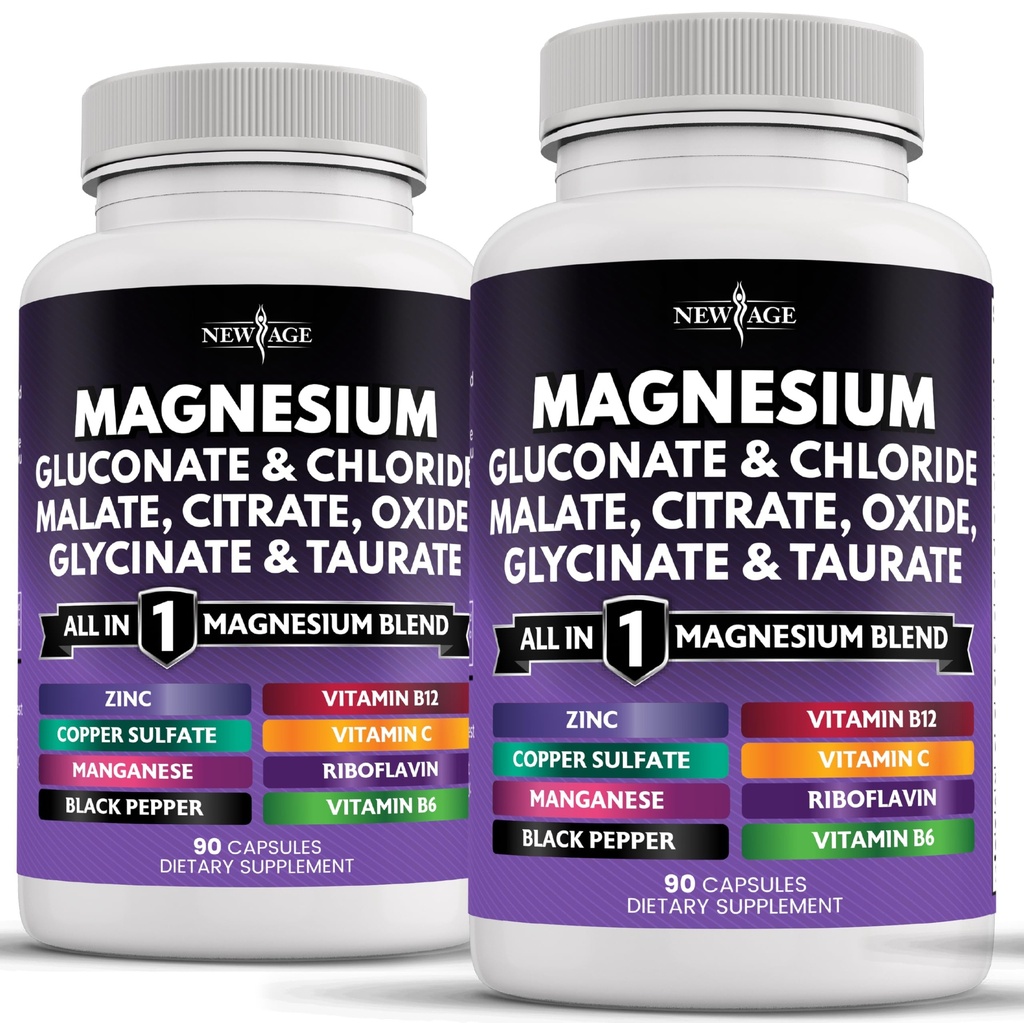 NEU AGE Magnesium Supplement - Leistungsstarke Glycinate Citrate Malate Oxide Taurate Aspartate Gluconate Orotate & Mag Chloride Manganese Knochen Gesundheit und Knochenstärke, Joint Support- 180 Count