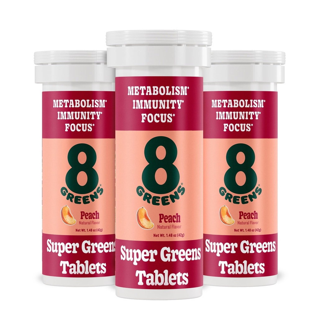 8Greens Supergreens Tablets | Super Greens Powder Superfood Tablet, Metabolism Immunity & Focus, Daily Greens Effervescent Tablets, Bio: Aloe Vera, Spirulina, Chlorella, Peach, 30 Portionen