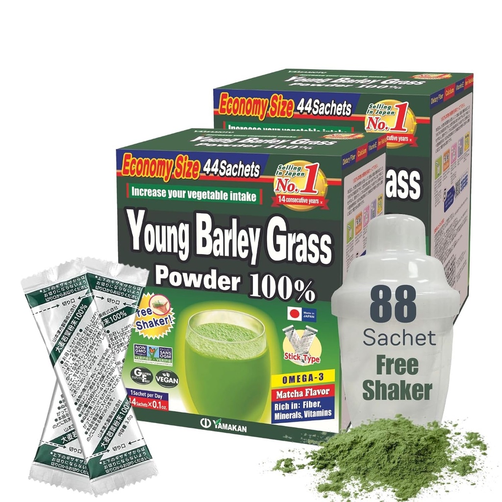 Yamamoto Kanpoh YAMAKAN Young Barley Grass Powder, Grass Juice Rich in Minerals, Vitamine & Pflanzenbasiertes Protein für Frauen & Männer, Gerste Grass Juice Powder aus Japan, Non GMO 88 Portable Sachets