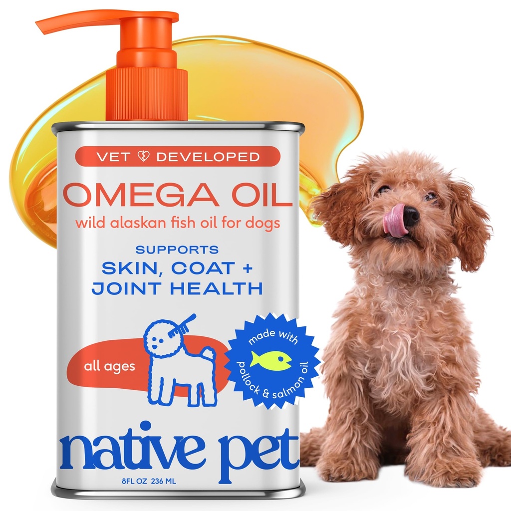 Native Pet Omega 3 Fischöl für Hunde & Katzen - Fördert gesunde Haut, glänzender Mantel, & starke Gelenke - Hergestellt mit Wild Alaskan Lachsöl für Hunde – Tasty, Fast-Absorbing Omega 3 6 9 Flüssige Ergänzung- 8oz