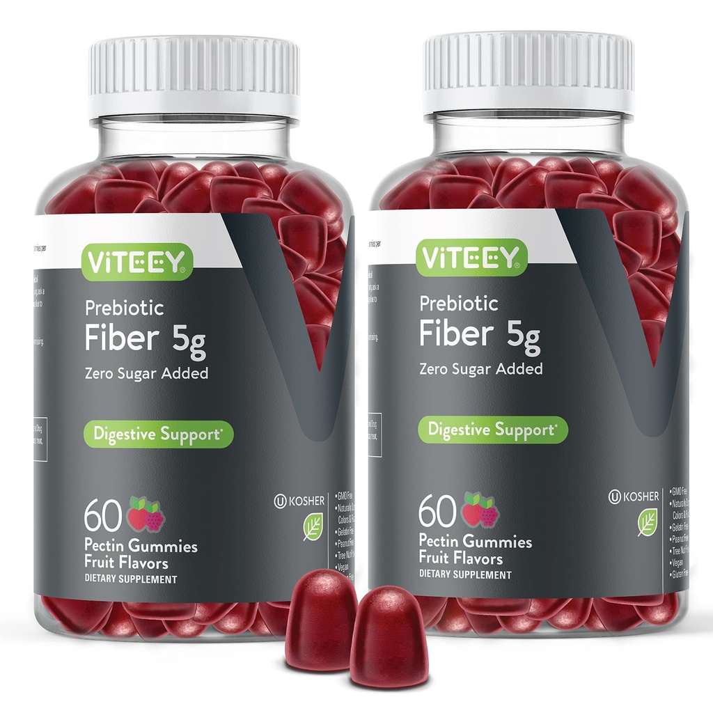 Viteey Prebiotic Fiber Gummis für Erwachsene, 5g - Gut Health & Digestive Soluble Fiber Supplement Gummis - Zero Sugar Hinzugefügt, Vegan, Gluten-Free - 120 Count