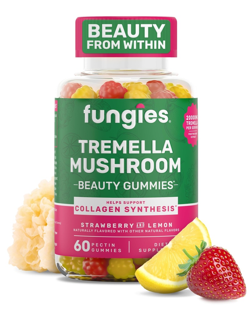 Fungies Tremella Mushroom Gummis, Mixed Strawberry & Lemon Flavor - Pilz Kräuterergänzung Gummy für Erwachsene unterstützt Kollagensynthese, Gesunde Haut & Gesunde Alterung - Beauty Gummis 60 Servierungen