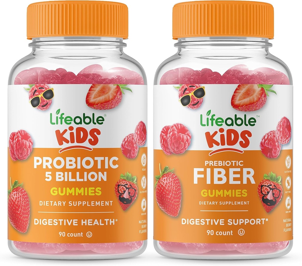 Lifeable Probiotics 5 Billion Kids + Prebiotic Fiber Kids, Gummies Bundle - Große Verkostung, Vitamin Supplement, Glutenfrei, GMO frei, Kaugummi