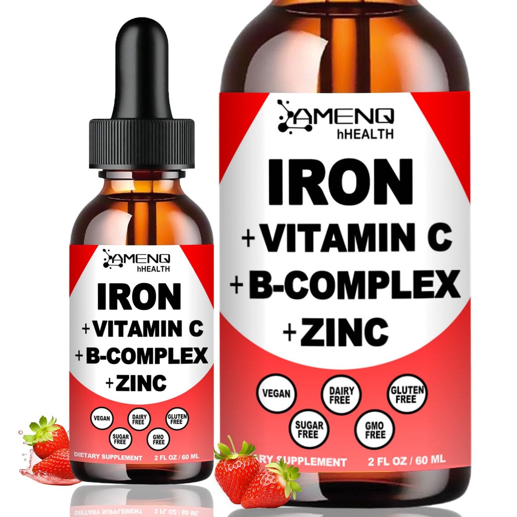 Flüssige Eisen Ergänzung w/Vitamin C, A, B-Komplex, Vegan Eisen Tropfen hohe Potenz flüssiges Vitamin & Eisen Ergänzungen für Frauen, Männer & Kinder -Unterstützung Rote Blutzelle, Energie, Anämie & Fatigue