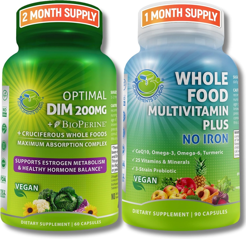 Vegane Multisystem-Unterstützung mit CoQ10, Omega-3, Probiotics & Turmeric - Optimale DIM 200mg mit BioPerine & Cruciferous Vegetables & Whole Food Multivitamin Plus (keine Iron) für Männer & Frauen – Clean Label