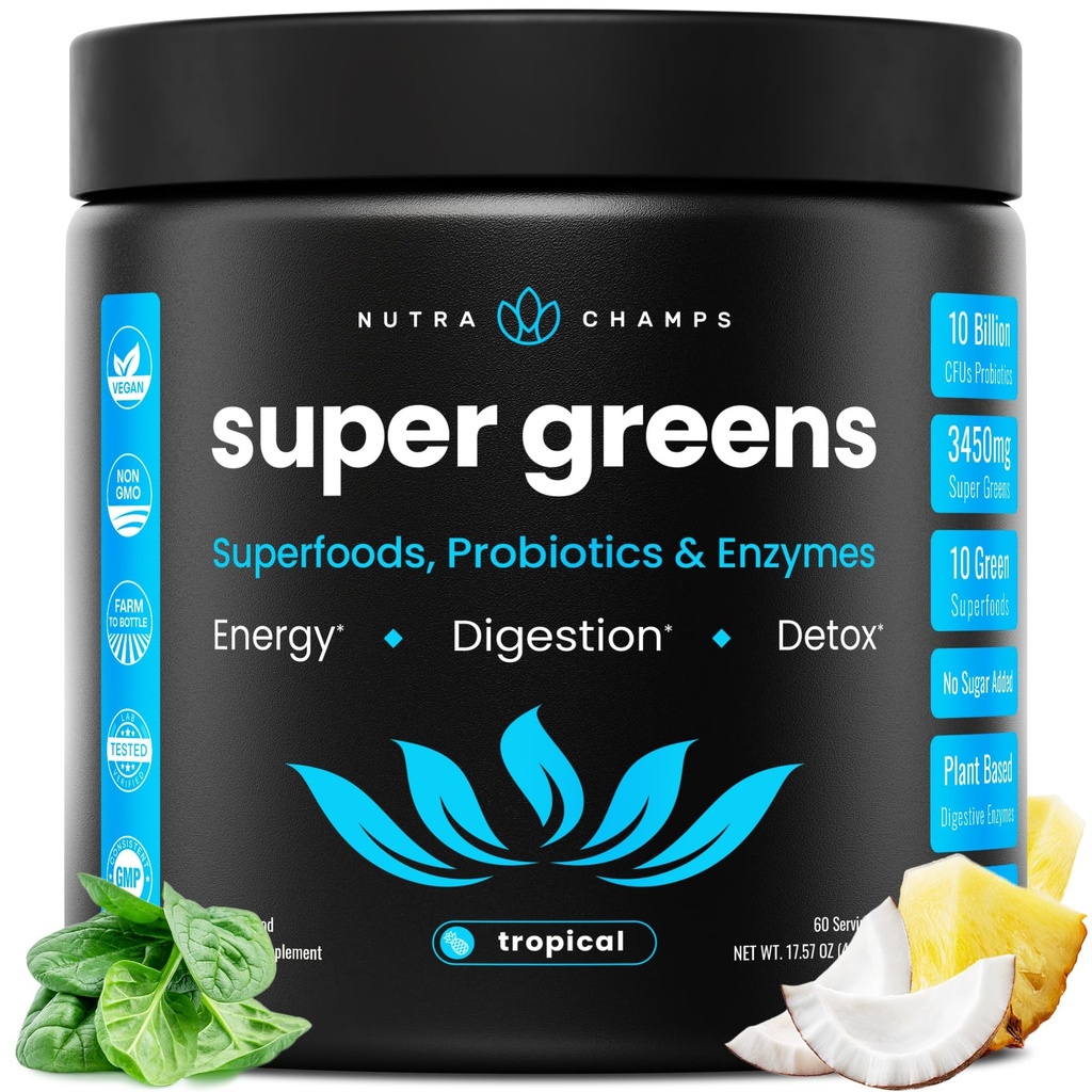 NutraChamps Super Greens Powder Premium Superfood | 20+ Organic Green Veggie Whole Foods | Weizengras, Spirulina, Chlorella | Antioxidant, Verdauungsenzym & Probiotic Blends (9.1 OZ, Tropical)