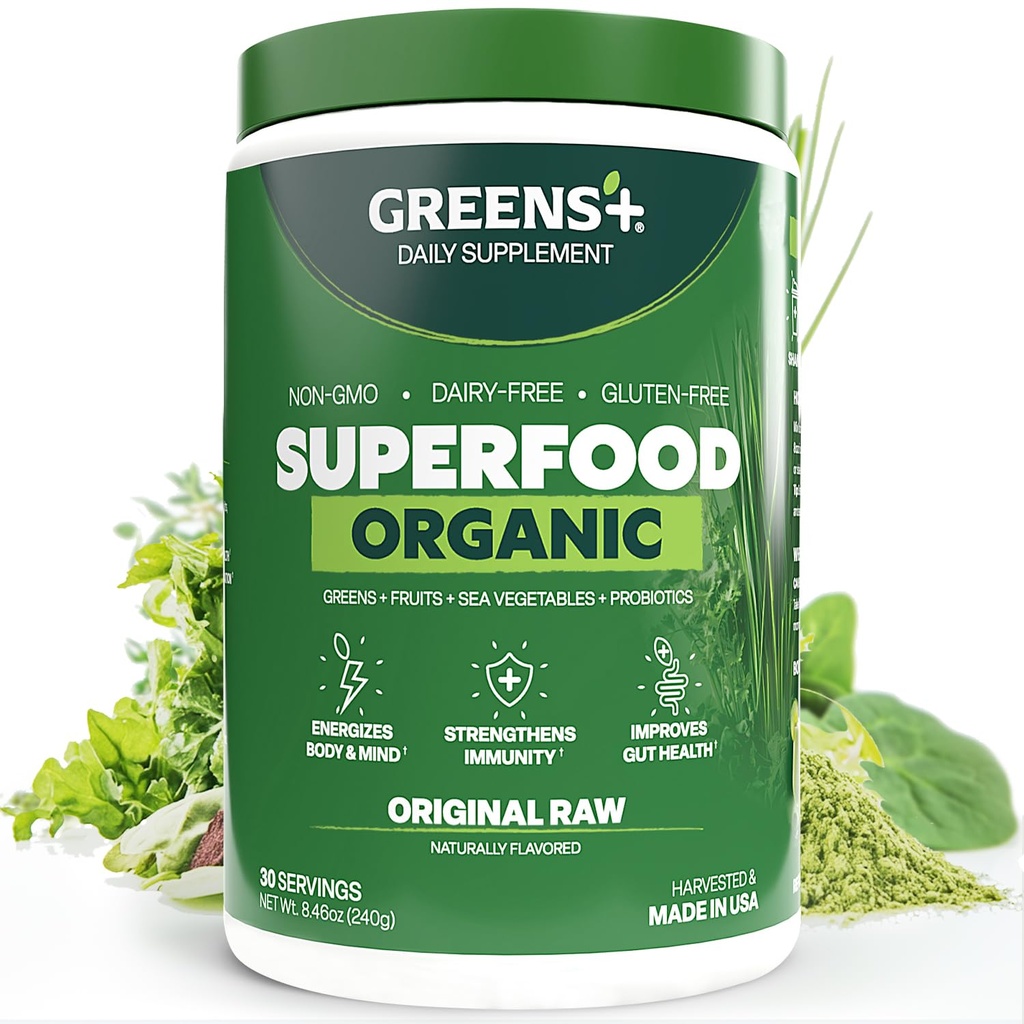 Grüns+ Bio RAW Superfood Pulver, Super Blend Immununterstützung, Morning Kick, Energy Boost, Nutrition Vibrant Health, Nahrungsergänzungsmittel, Vegan Soy/Dairy/Gluten Free(8.46oz)