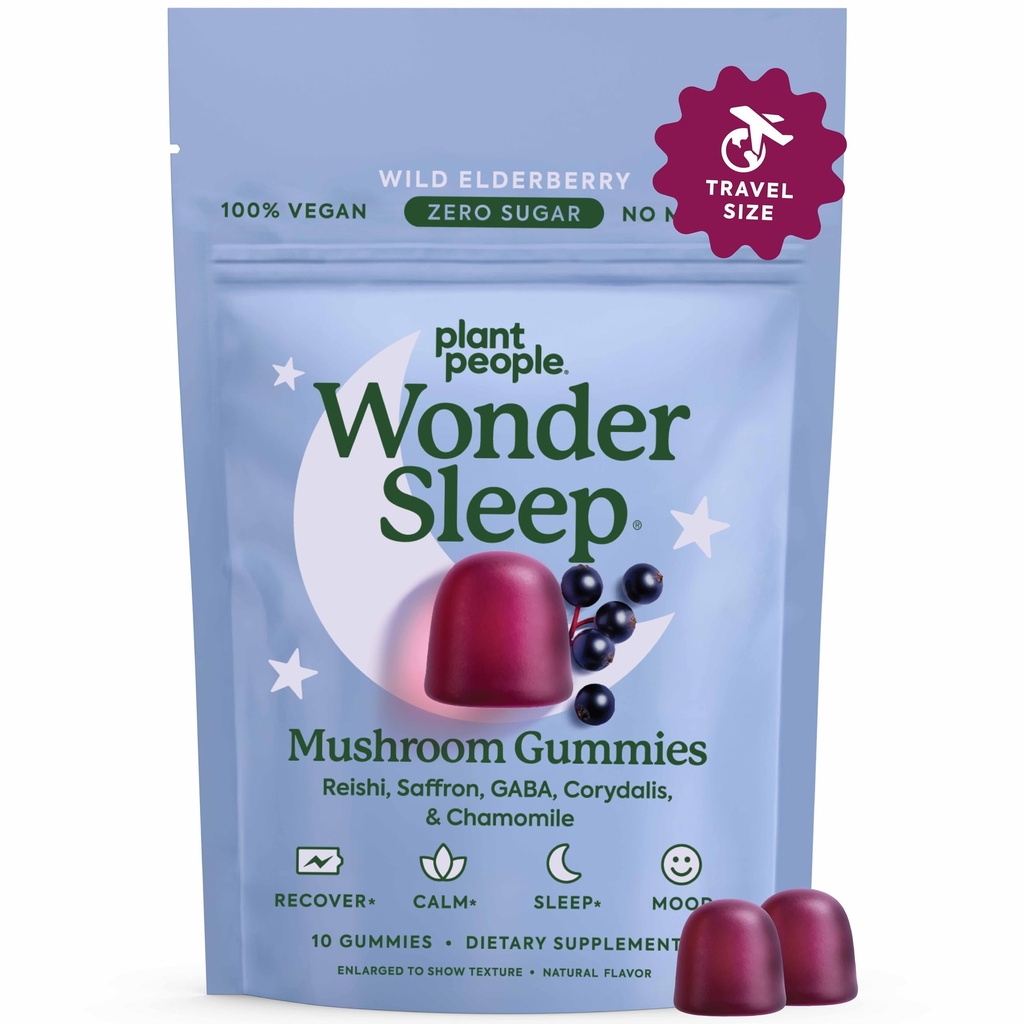 Plant People WonderSleep Mushroom Gummies Supplement Mini mit Reishi Super Pilze, Saffron, Wilde Elderberry Flavor No Sugar Vegan-Friendly & Gluten-Free Trial Größe