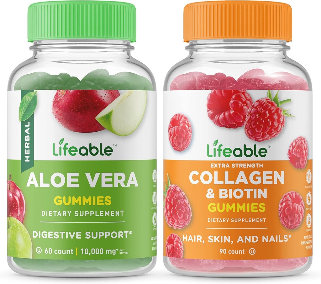 Lebendige Aloe Vera + Collagen & Biotin, Gummie Bundle - Große Verkostung, Vitamin-Ergänzung, Glutenfrei, GMO frei, Kaubar