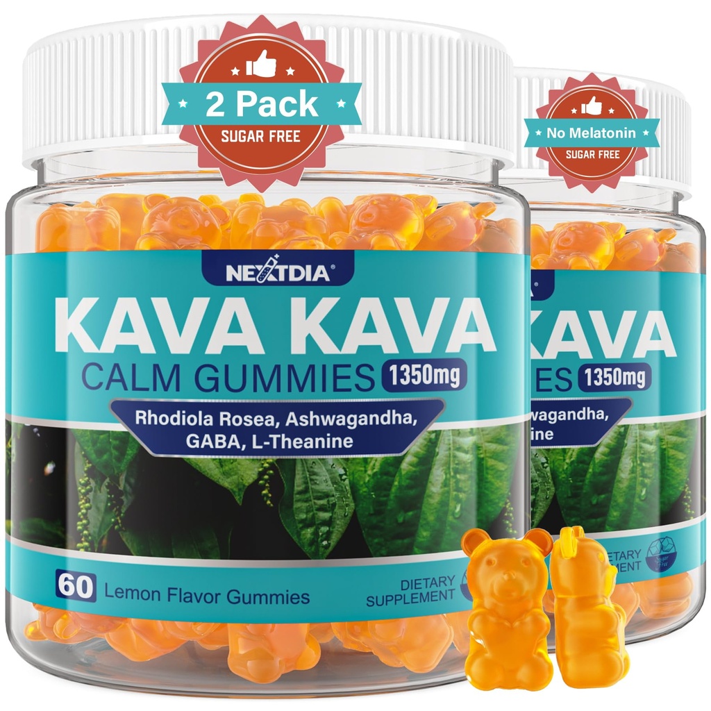 Kava Kava Gummies, Sugar Free Calm Gummis w/Rhodiola Rosea, Ashwagandha, L-Theanine, GABA, Melatonin-Free Kava Blend für Entspannung, Ruhe und Fokus - Alternative zu Kava Pulver Kapseln, Vegan 120 Ct