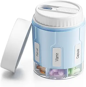 Daviky Pill Bottle Organizer, Ergänzung Organizer mit 7 großen Komponenten, Travel Pill Dispenser Runde Pille Box mit zwei Lids(blau)
