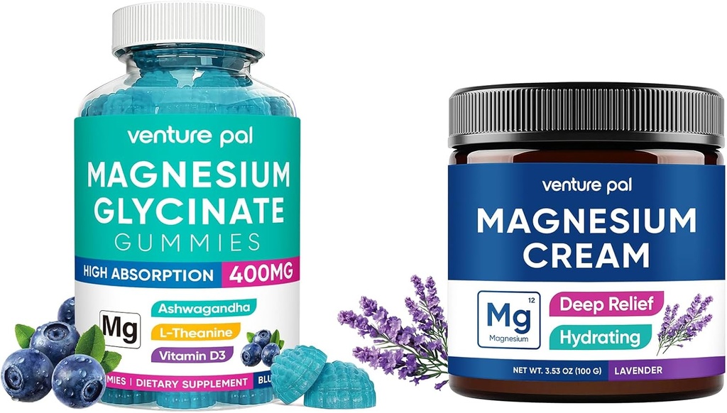 Magnesium Glycinate-Gummien mit Ashwagandha, Magnesium Cream - Schlaf, Muskelkramp und Entspannung